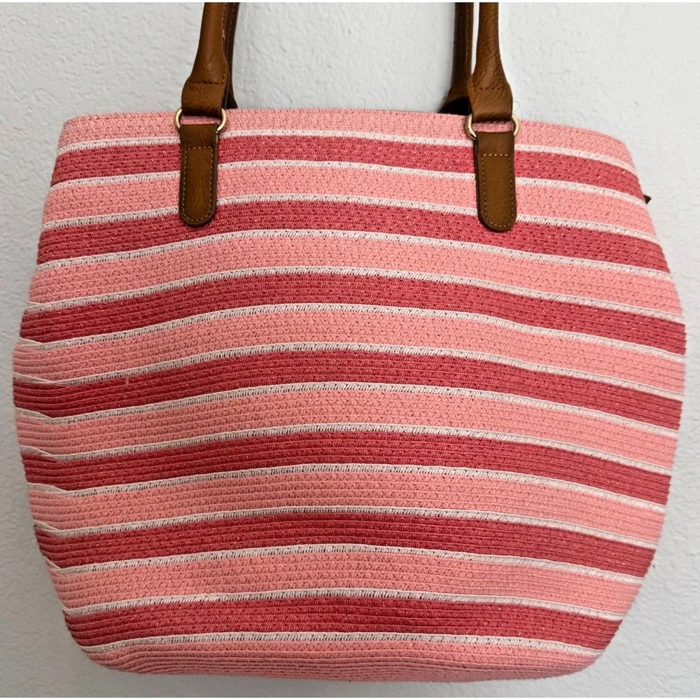 Amiani Pink Beach Bag Tote Zipper Closure Stripped Handbag‎ Gold Shimmer